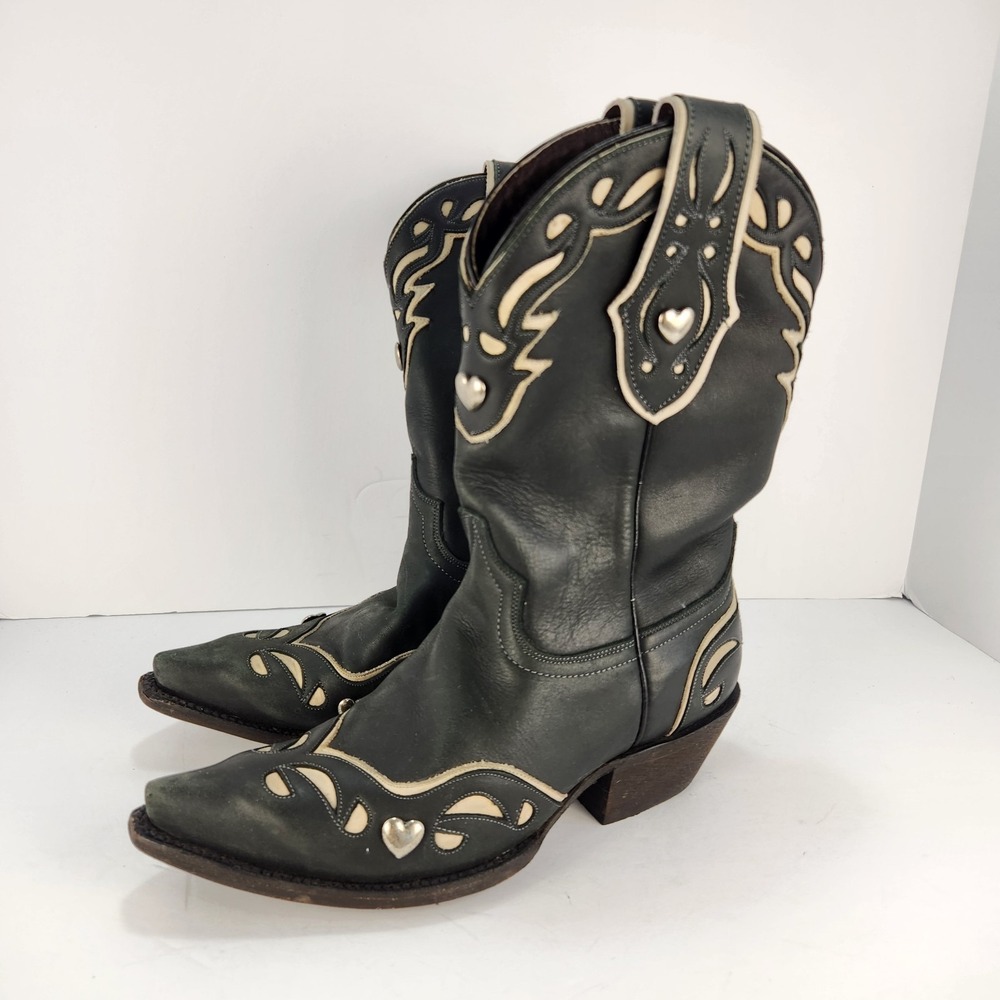 Caborca Women's Cowboy Boots 7.5 Dark Gray Olive Leather Western Heart Cutout